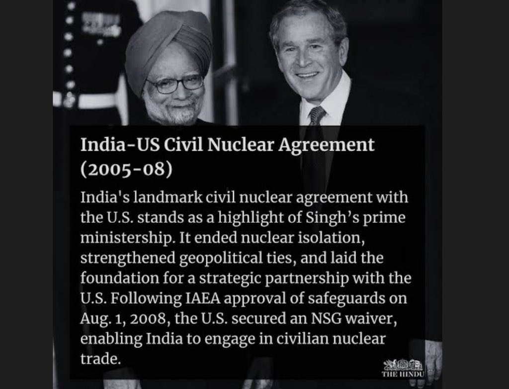Vijayesh_Tiwari's tweet image. 2005–08 – PM Manmohan Singh: India–US Civil Nuclear Agreement + NSG waiver open global nuclear cooperation.
Civilian reactors placed under IAEA safeguards.

#ManmohanSingh #IAEA #NuclearDeal