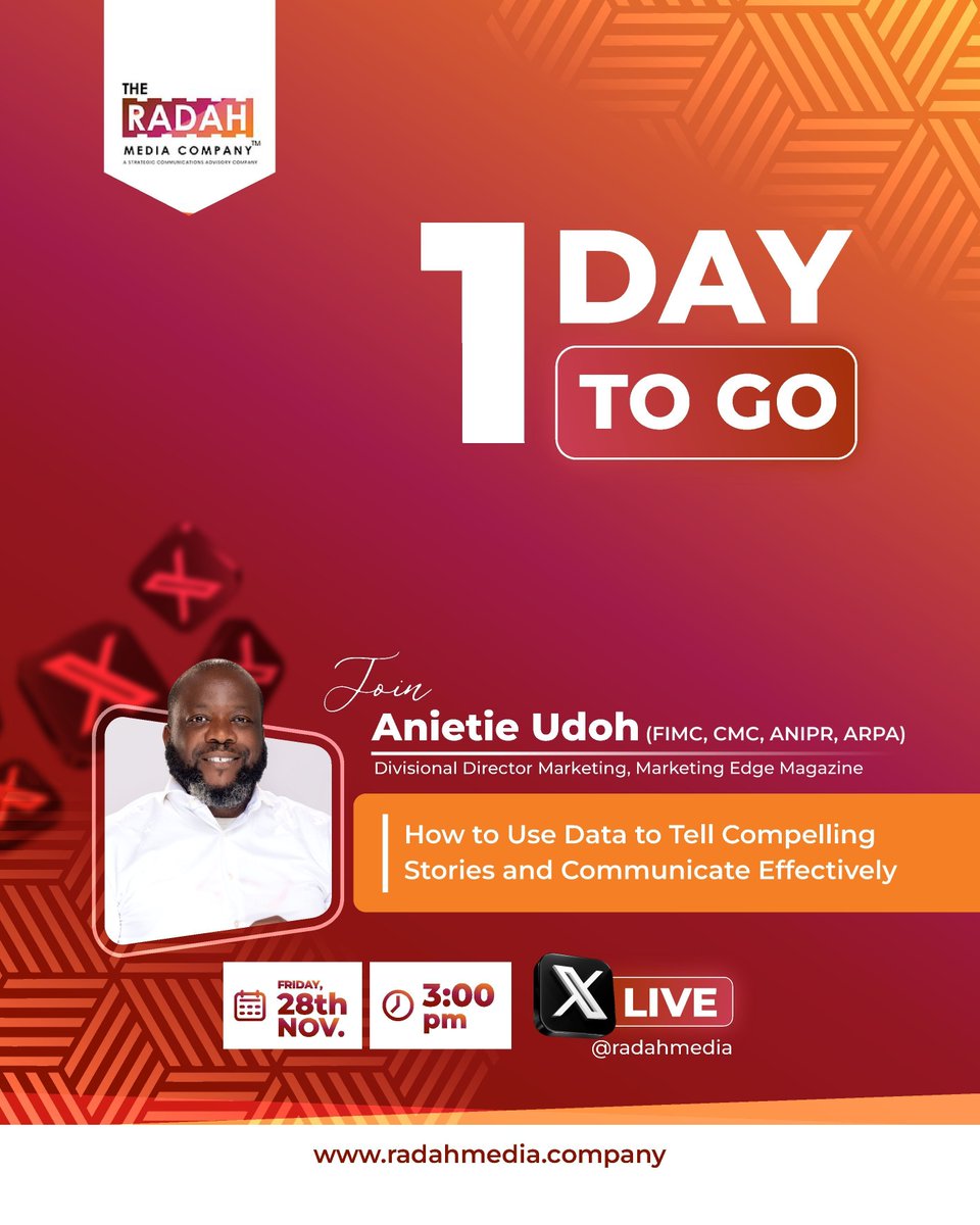 radahmedia's tweet image. Just 1 day to go!

Join us tomorrow as Anietie Udoh breaks down how to transform raw data into powerful stories that elevate your communication, marketing, and PR impact, live on X at 3 PM WAT.

#DECODEDLive #DataStorytelling #TheRadahMedia #Media #PR #Marketing #Communication