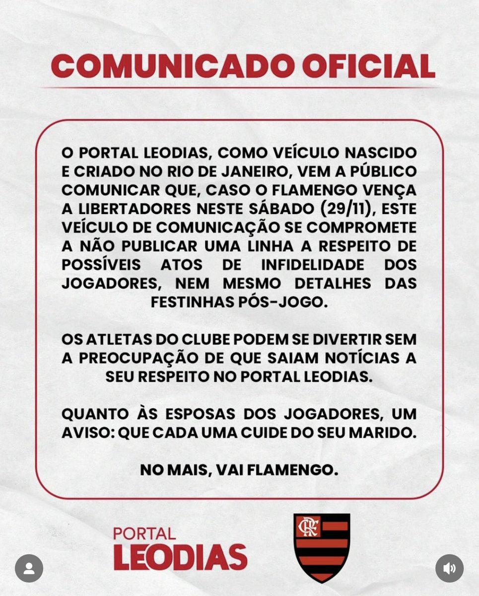 futebol_info's tweet image. Torcedor do Flamengo, jornalista Leo Dias anuncia que se compromete a &quot;não publicar uma linha a respeito de possíveis atos de infidelidade dos jogadores, nem mesmo detalhes das festas pós-jogo, caso o Flamengo vença a Libertadores&quot;.

&quot;Que cada esposa cuide do seu marido&quot;, afirma…