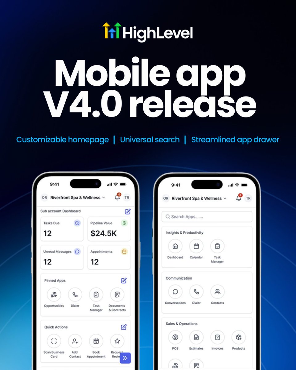 gohighlevel's tweet image. Run more of your business from your phone without the overwhelm.
From AI business card scanning to universal search, the new mobile updates are here to simplify your day.
Explore all LevelUp Day releases → gohighlevel.com/post/levelup-2…

#HighLevel #LevelUp #MobileApp #MobileBusiness