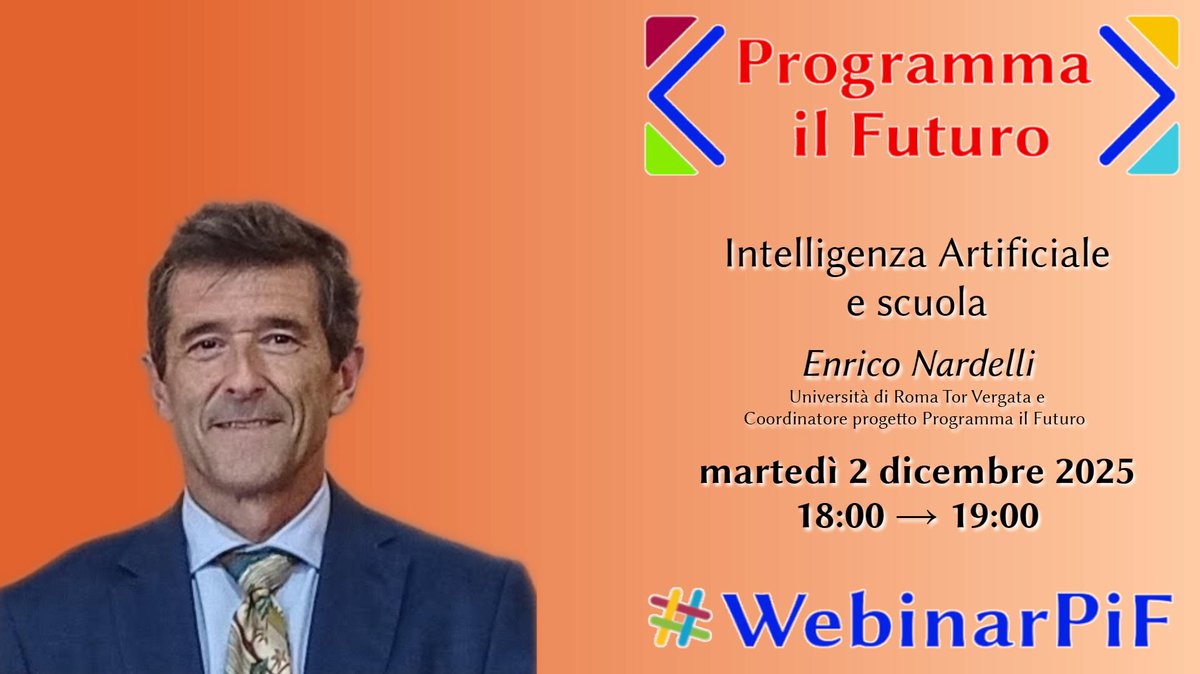Utilizzo degli strumenti di intelligenza artificiale a scuola: ne parla il prof. <a href="/enriconardelli/">Enrico Nardelli</a>  in questo webinar per Programma il Futuro programmailfuturo.it/notizie/webinar