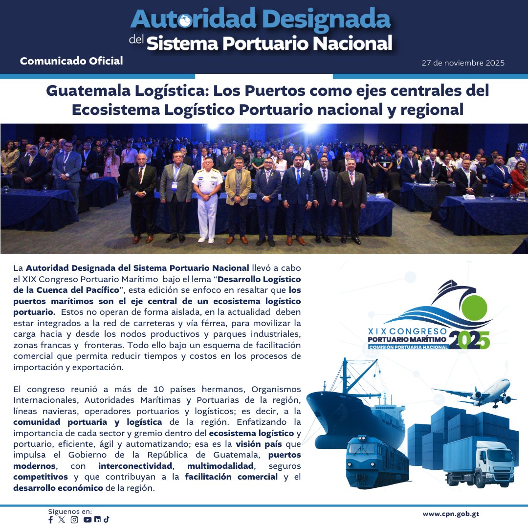 cpngobgt's tweet photo. #CPNInforma #CongresoPortuario2025
🛳Guatemala Logística: Puertos como ejes centrales del Ecosistema Logístico Portuario Nacional y Regional.
Comisión Portuaria Nacional, Autoridad Designada del Sistema Portuario Nacional.
🌊 https://t.co/JSMkMROl0r