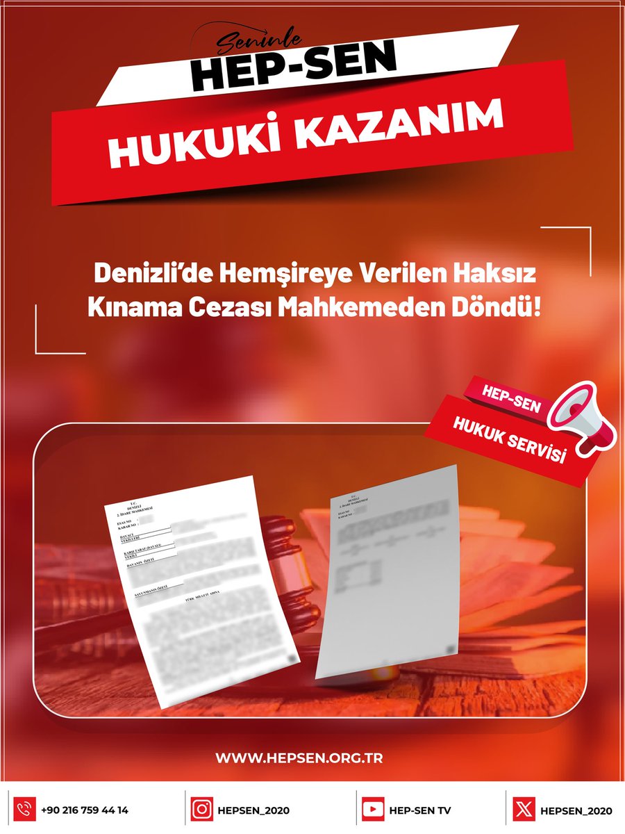 Denizli’de Hemşireye Verilen Haksız Kınama Cezası Mahkemeden Döndü!

Hukuk devleti ilkelerini hiçe sayan belirsiz disiplin uygulamalarına karşı yürüttüğümüz mücadele sonuç verdi.
Mahkeme; aynı eyleme birden fazla bent atfetmenin hukuka aykırı olduğunu belirterek cezayı iptal etti