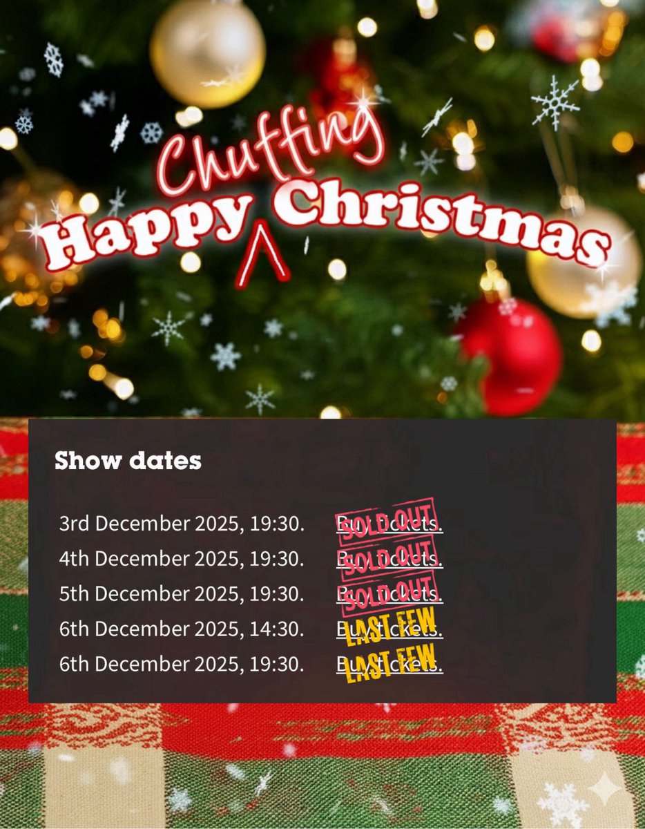 There just 15 tickets left for our near sold out show, Happy Chuffing Christmas. If you can get to London's Waterloo, don't miss this heartwarming, hilarious, emotional Christmas cracker!

Ticket link in bio