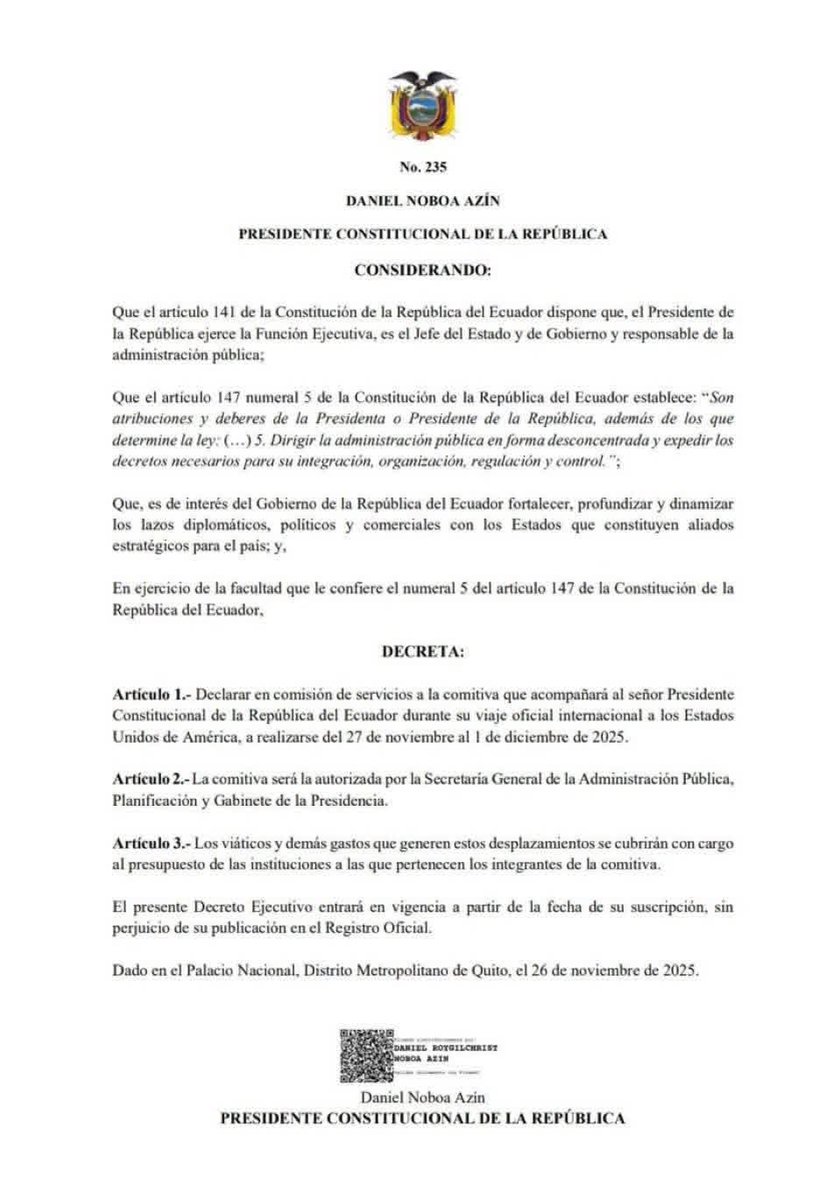 🇺🇸El <a href="/Presidencia_Ec/">Presidencia Ecuador 🇪🇨</a>  
<a href="/DanielNoboaOk/">Daniel Noboa Azin</a>  viajará, por segunda vez en el mes, a Estados Unidos del 27 de noviembre al 1 de diciembre de 2025
#EbiCamacho