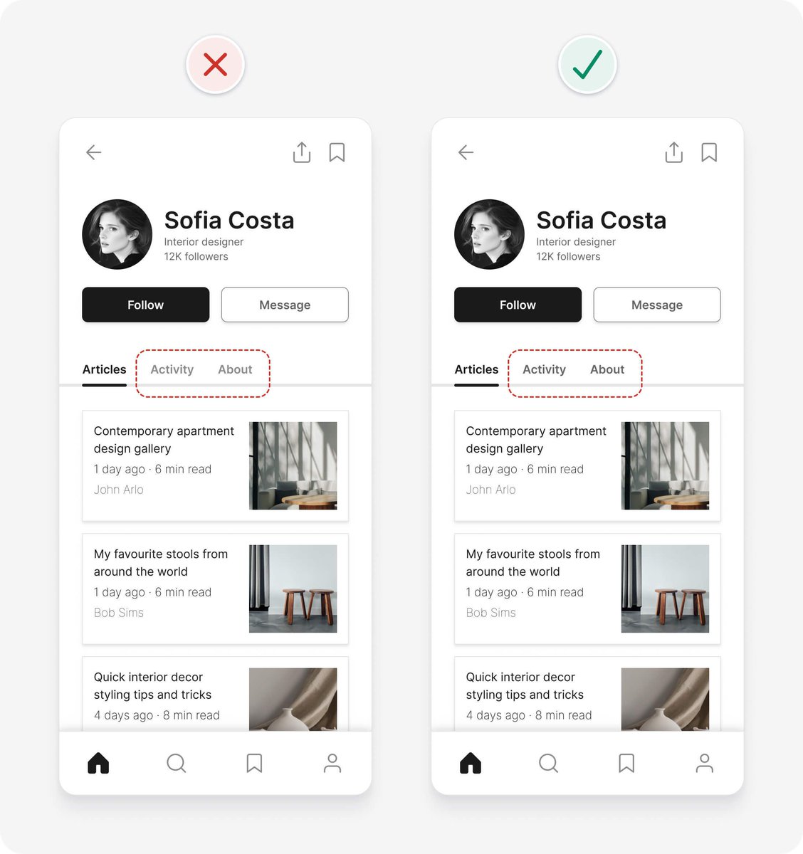 AdhamDannaway's tweet image. 9. Ensure text has 4.5:1 contrast

In order to help people with vision impairments read small text (18px and under), it should have 4.5:1 contrast to meet WCAG 2.1 level AA requirements. 

In our example, the small text on the unselected tabs has insufficient contrast. Using a…