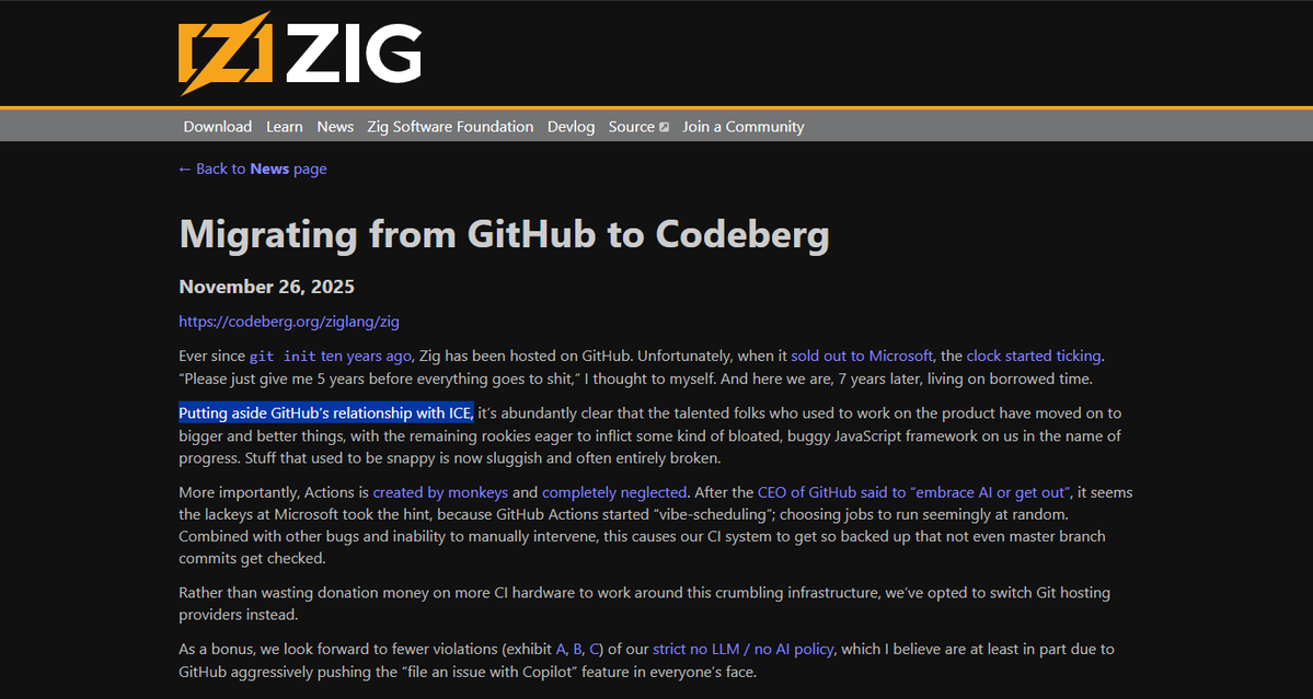 TheCodeTherapy's tweet image. About Zig migrating from GitHub to Codeberg, and mentioning ICE in the very first line to justify the reasons:

People just don&apos;t get it, do they?

POLITICS KILL OPENSOURCE PROJECTS!

ziglang.org/news/migrating…