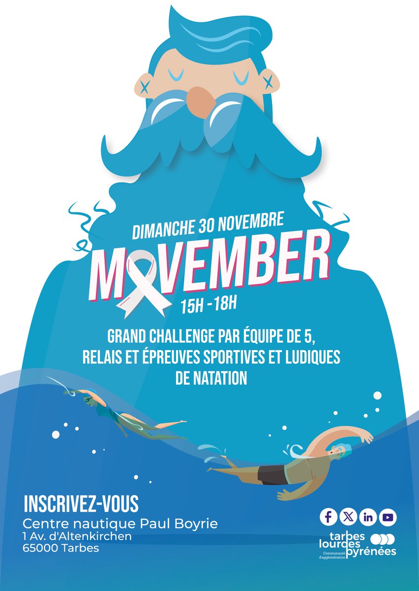𝗠𝗢𝗩𝗘𝗠𝗕𝗘𝗥 - 𝗖𝗘𝗡𝗧𝗥𝗘 𝗡𝗔𝗨𝗧𝗜𝗤𝗨𝗘 𝗣𝗔𝗨𝗟 𝗕𝗢𝗬𝗥𝗜𝗘
Ce dimanche 30 novembre, le centre natique Paul Boyrie organisera son traditionnel challenge Movember. 
Inscrivez vous : 05 62 93 69 74
A cette occasion le bassin sera coupé en 25m de 15h à 19h.
