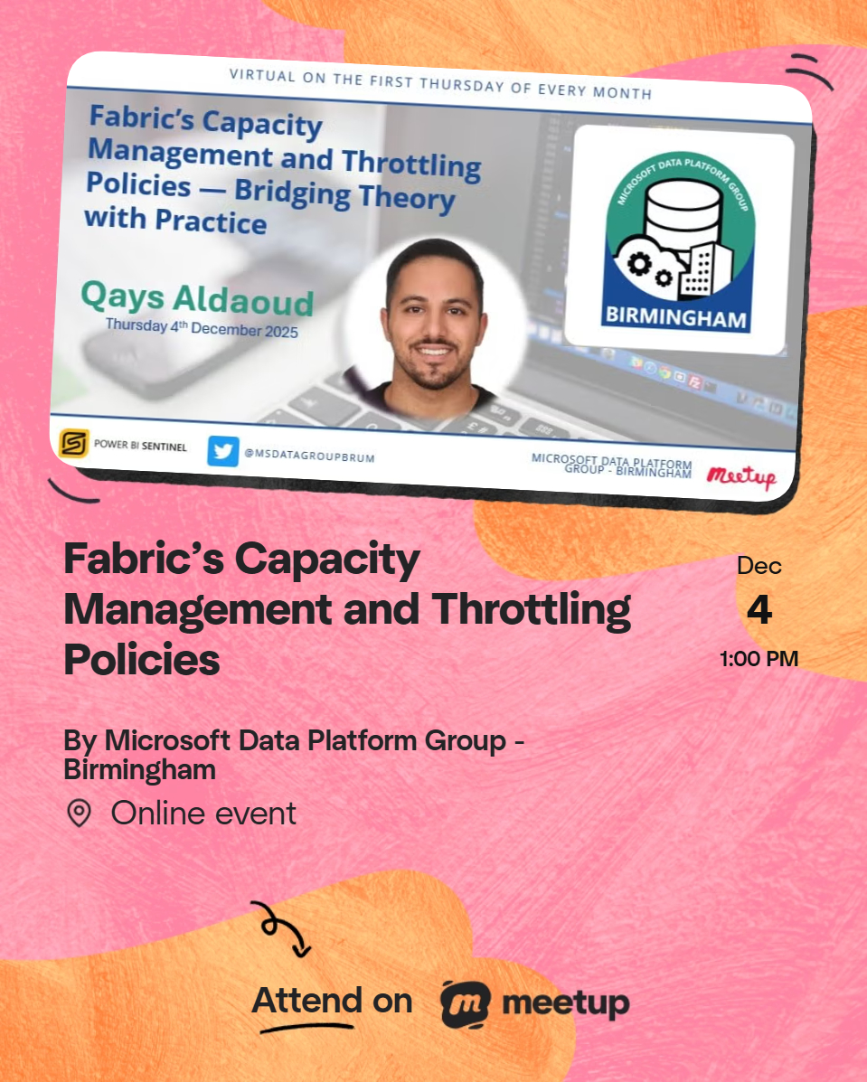 ‘Tis the season for learning! 🎄

Come along to our final session of the year on Dec 4 @ 13:00 GMT, featuring Qays Aldaoud, who’ll be unwrapping the mysteries of Fabric’s capacity &amp; throttling policies.

Settle in with a hot drink and join us online☕🎁
🔗 meetup.com/microsoftdatap…