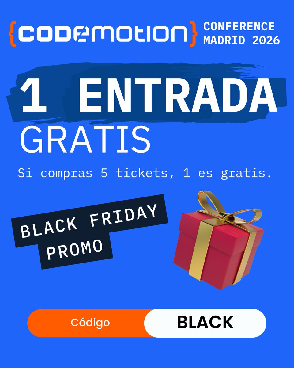 CodemoMadrid's tweet image. 🎉 Black Friday en la conferencia de #CodemotionMadrid 2026 🎉

Aprovecha nuestra oferta especial: si compras 5 entradas, te regalamos 1 gratis.

🗓 Hasta el 5/12

 Código: BLACK 

conferences.codemotion.com/madrid/