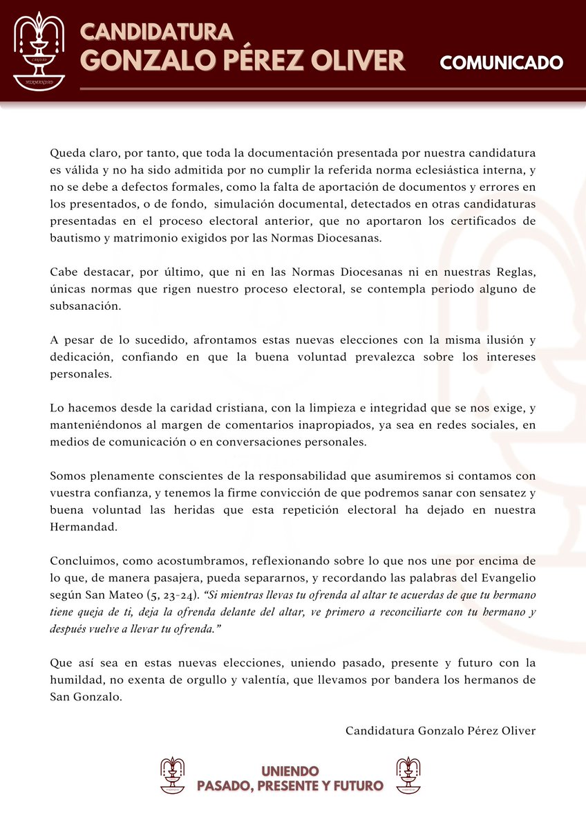 COMUNICADO OFICIAL | Aceptamos la decisión de la Delegación Episcopal de Asunto Jurídicos, aunque no la compartimos, ya que hemos cumplido con las normas y actuado con buena fe.

Asumimos esta resolución con responsabilidad, transparencia y el espíritu que define a San Gonzalo.