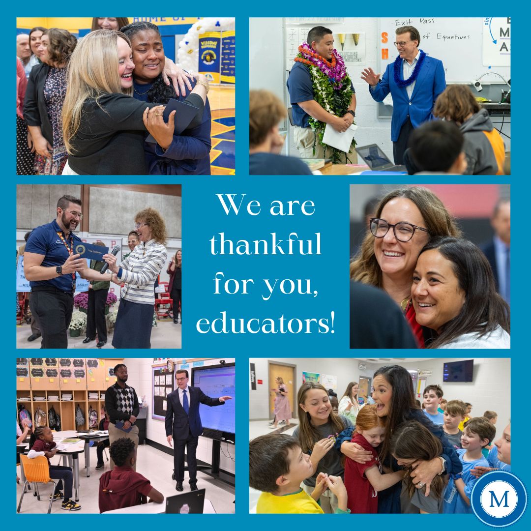 Milken's tweet image. We’re endlessly grateful for the educators who dedicate their lives to shaping the next generation. This Thanksgiving, take a moment to share your appreciation by thanking a teacher who’s made a difference in your life. Wishing everyone a Happy Thanksgiving from our #MilkenAward…