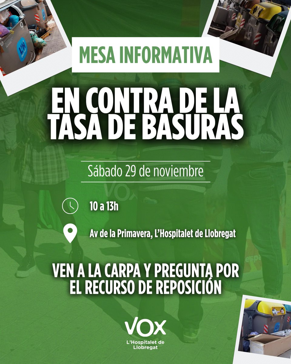 🤬 ¿Cabreado con la nueva tasa de basuras? 
 🫸  VOX te ayuda a presentar el recurso en contra 
🟢 Ven el sábado a nuestra carpa delante del Mercado de la Florida