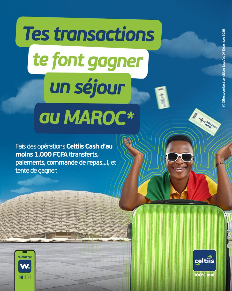 Un voyage tous frais payés au Maroc, ça te dit?🇲🇦

Fais un max d’opérations Celtiis Cash , va sur waa et tente ta chance !
1️⃣ Fais tes opérations d’au moins 1000F
2️⃣ Reçois la notif SMS
3️⃣ Ouvre waa
4️⃣ Clique sur GO et joue

Bonne chance 😍
#Ccash #1erOperateurGlobal #VoyageMaroc