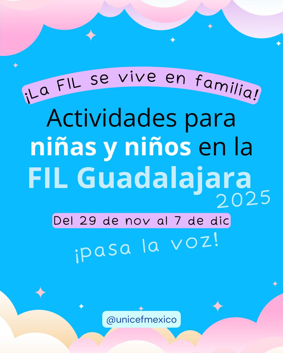 ¡Nos vemos muy pronto en la <a href="/FILGuadalajara/">FIL Guadalajara</a> 2025! 📚✨
Preparamos actividades para imaginar, aprender y soñar junto a niñas, niños y adolescentes.
Conoce toda la agenda👉 unicef.org/mexico/histori…
