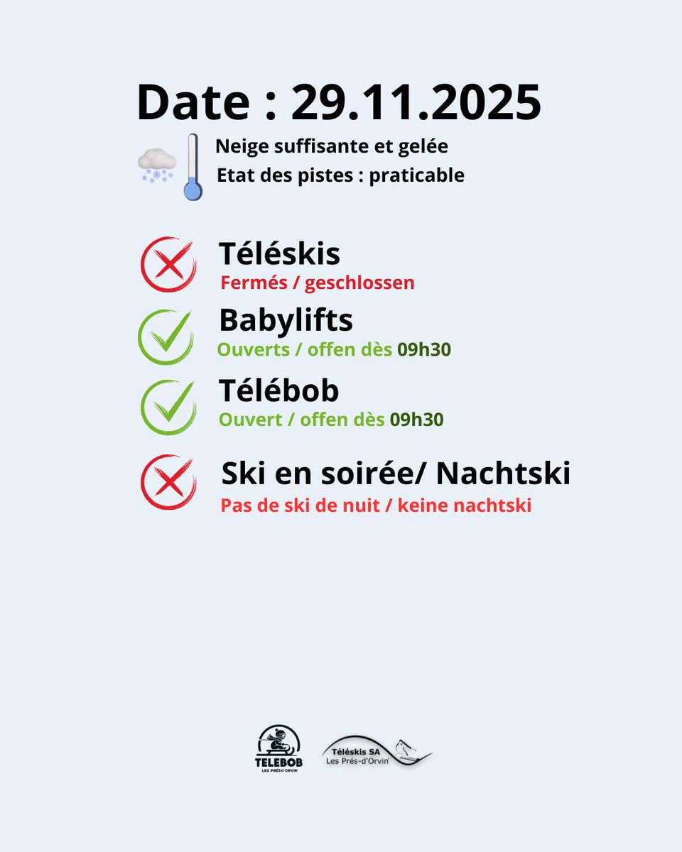➡️✅ OUVERTURE DES INSTALLATIONS / BETRIEBSERÖFFNUNG ✅⬅️
🔴 Pour votre information : pas de ski de nuit
🔴 Für Ihre Information: keine Nachtski
ℹ️ Plus d’infos : presdorvin-ski.ch
#presdorvin #ski #grandchasseral