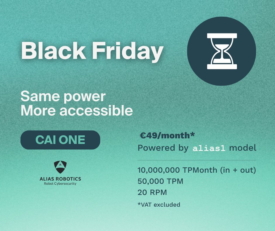 AliasRobotics's tweet image. 🔥 CAI ONE, our new alias1-powered cybersecurity analysis service, will open subscriptions tomorrow

If you want early access, you can still pre-register here
👉 aliasrobotics.com/black-friday.p…

49€/month/user (VAT excluded)

#BlackFriday #CAIONE #CybersecurityAI #Cybersecurity #AI