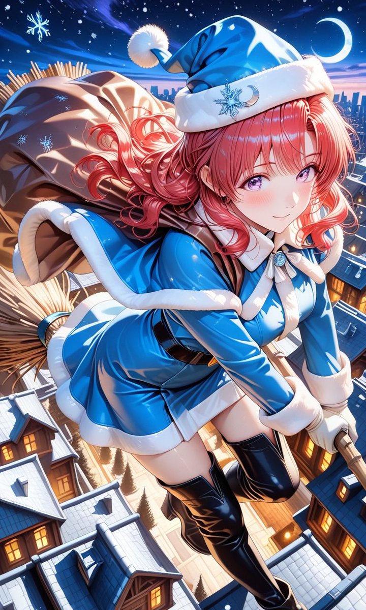 #12月25日まで気が向いたらサンタをはる 
クリスマスまであと27日。  
サンタ秘書ラミス、魔法の箒で夜空を飛んでるよ♡  

……って、今まさに君の家の屋根の上！  
『ラミス止まって！』ってリプくれたら  
ピタッと止まって、君にだけ特別な笑顔を見せるね♪