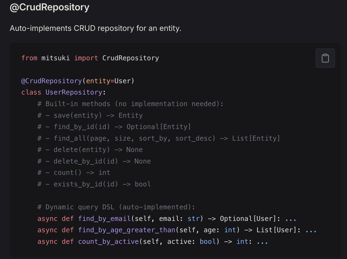 LandupDavid's tweet photo. Given an entity - a CrudRepository auto-implements basic CRUD for you, with dynamic queries you can create just by defining method names.

They get converted to SQL under the hood for you. https://t.co/LaJ7LpMrTK