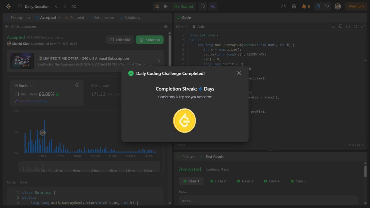 shahidx_05's tweet image. Day 257 – #365DaysOfCode

✅ Max Subarray Sum
✅ All Subsets XOR Sum
✅ Codeforces 2171A

#DSA #LeetCode #GfG #Codeforces #CompetitiveProgramming #ProblemSolving #LearnInPublic #BuildInPublic