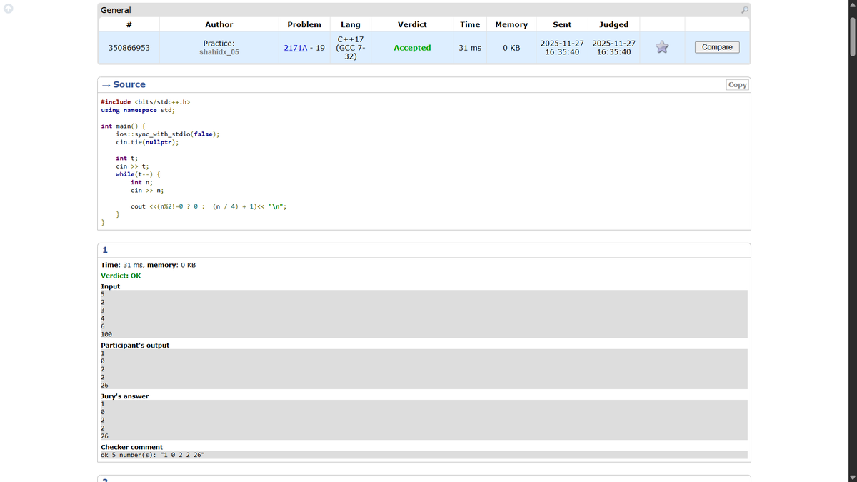 shahidx_05's tweet image. Day 257 – #365DaysOfCode

✅ Max Subarray Sum
✅ All Subsets XOR Sum
✅ Codeforces 2171A

#DSA #LeetCode #GfG #Codeforces #CompetitiveProgramming #ProblemSolving #LearnInPublic #BuildInPublic