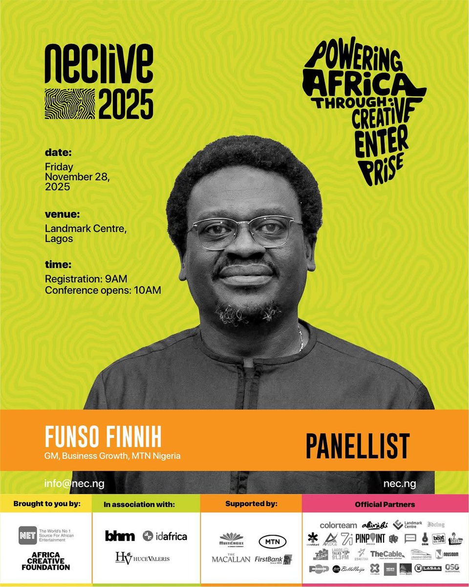 theNETng's tweet image. Meet our panellist — Funso Finnih!

As General Manager, Business Growth at MTN Nigeria, Funso leads MTN Nigeria’s lifestyle, media and entertainment portfolio, which includes CRBT, Music, Video, and Gaming services and lifestyle services, driving strategic plans to grow…