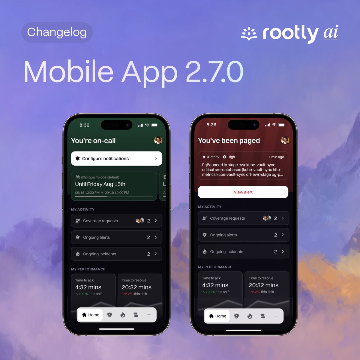 rootlyhq's tweet image. 📱Rootly Mobile 2.7.0 is live with a redesigned on-call experience focused on speed, signal, and execution.

We’ve rebuilt the home screen for On-Call users to act as a real-time command center—not just another menu. 

When you open the app, you immediately see:
* The schedules…
