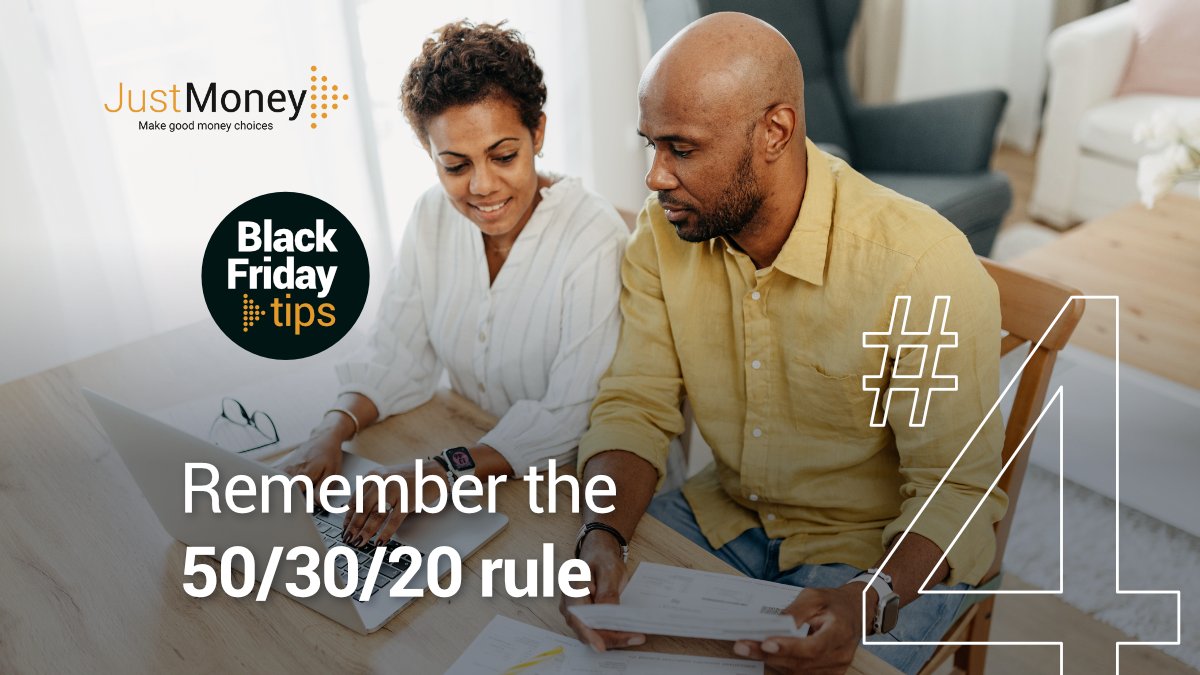 JustMoneySA's tweet photo. Spending tip 4: The 50/30/20 rule is your best friend. Don't touch that 20% savings! 50%=needs; 30%=wants. 

Ready for Black Friday? Check with our budget calculator: https://t.co/rZ75cYPP69

#JustMoney #BlackFriday #MakeGoodMoneyChoices https://t.co/iRE3qmVYSN
