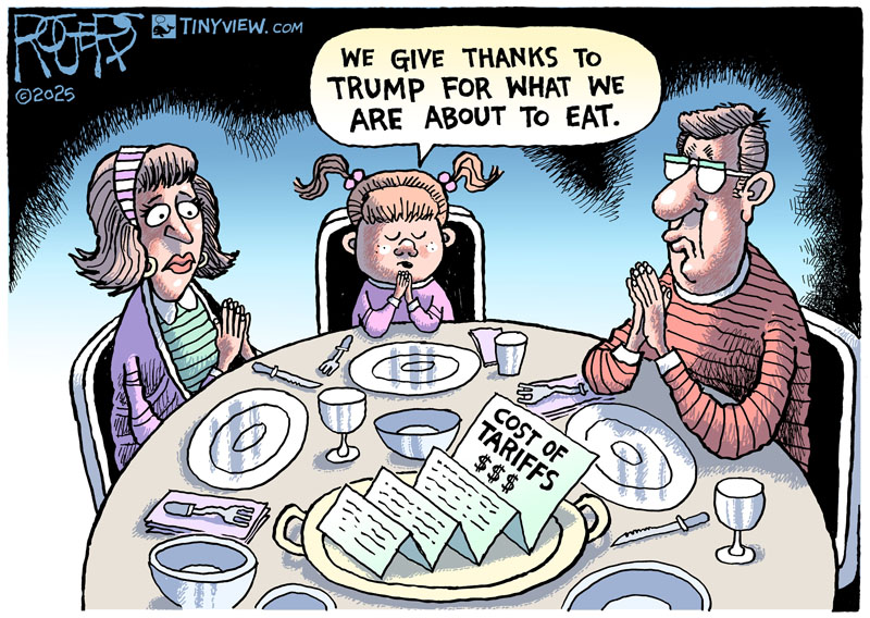 While Trump is throwing lavish Gatsby parties for his billionaire tech bros and rolling out the red carpet for a Saudi Prince murderer, average families are trying to make ends meet. #Thanksgiving #Trump #tariffs #economy #Affordability #prices #inflation <a href="/TinyviewComics/">Tinyview Comics</a>