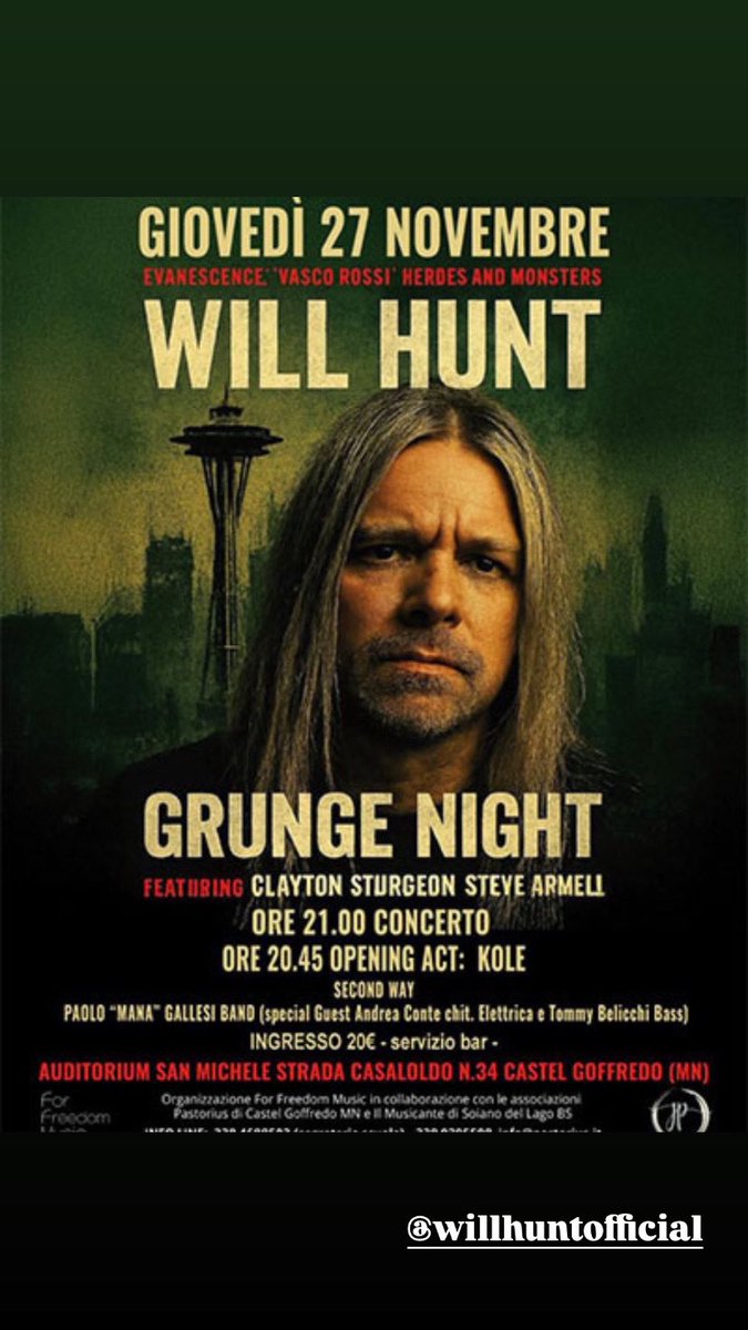 Grunge Night stasera a Castel Goffredo!

Will Hunt (Evanescence, Vasco Rossi, Heroes &amp; Monsters) arriva con il suo trio per una serata dedicata ai classici di Nirvana, Pearl Jam, Alice in Chains e Foo Fighters! 

📍 Audit. San Michele - ore 21 
🎟️ Prenota subito