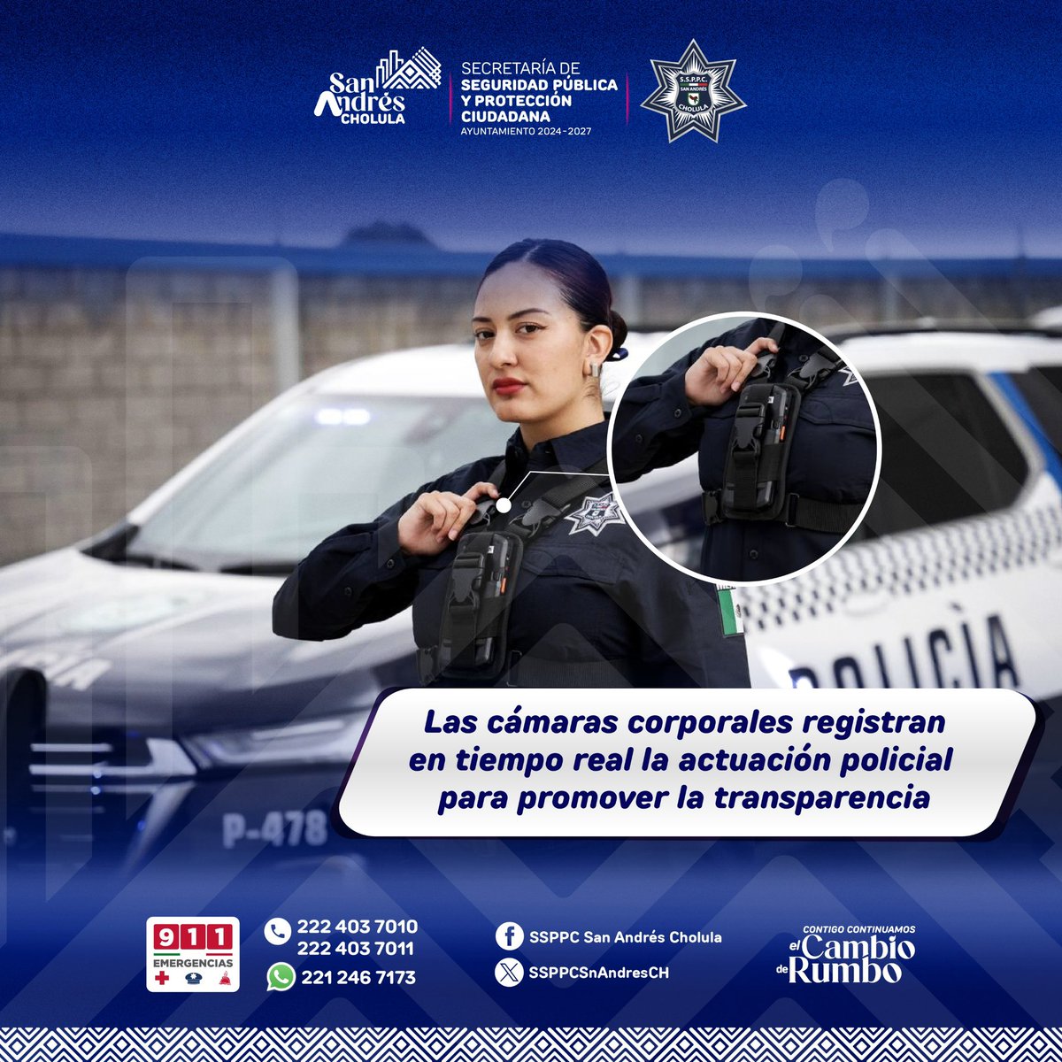 SSPPCSnAndresCH's tweet image. 🔹 En la #SSPPC continuamos con el cambio de rumbo bajo el liderazgo de la presidenta municipal, @LupitaCuautleT.

🤳🏼👮🏻 Con la implementación de las #CámarasCorporales, se garantiza la correcta actuación policial promoviendo la transparencia. 

#ContigoConstruimosSeguridad🤝🏻