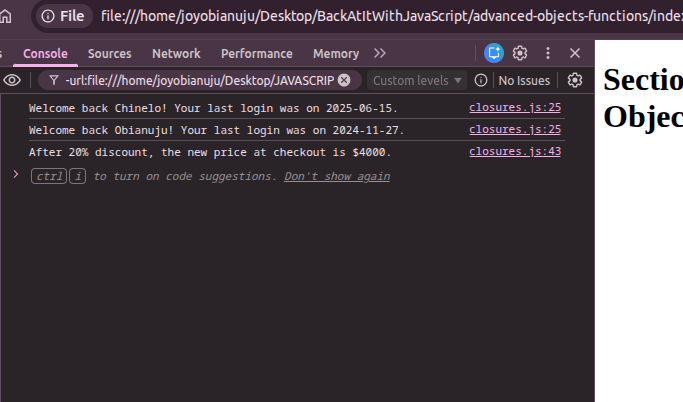 Obianuju_sunday's tweet image. Day 20 — #BackAtItWithJavaScript

Closures had me confused at first…

Calling the parent function, hands you the entire child/inner function as a value and not the final result.
You only get the result when you call that returned function again.
