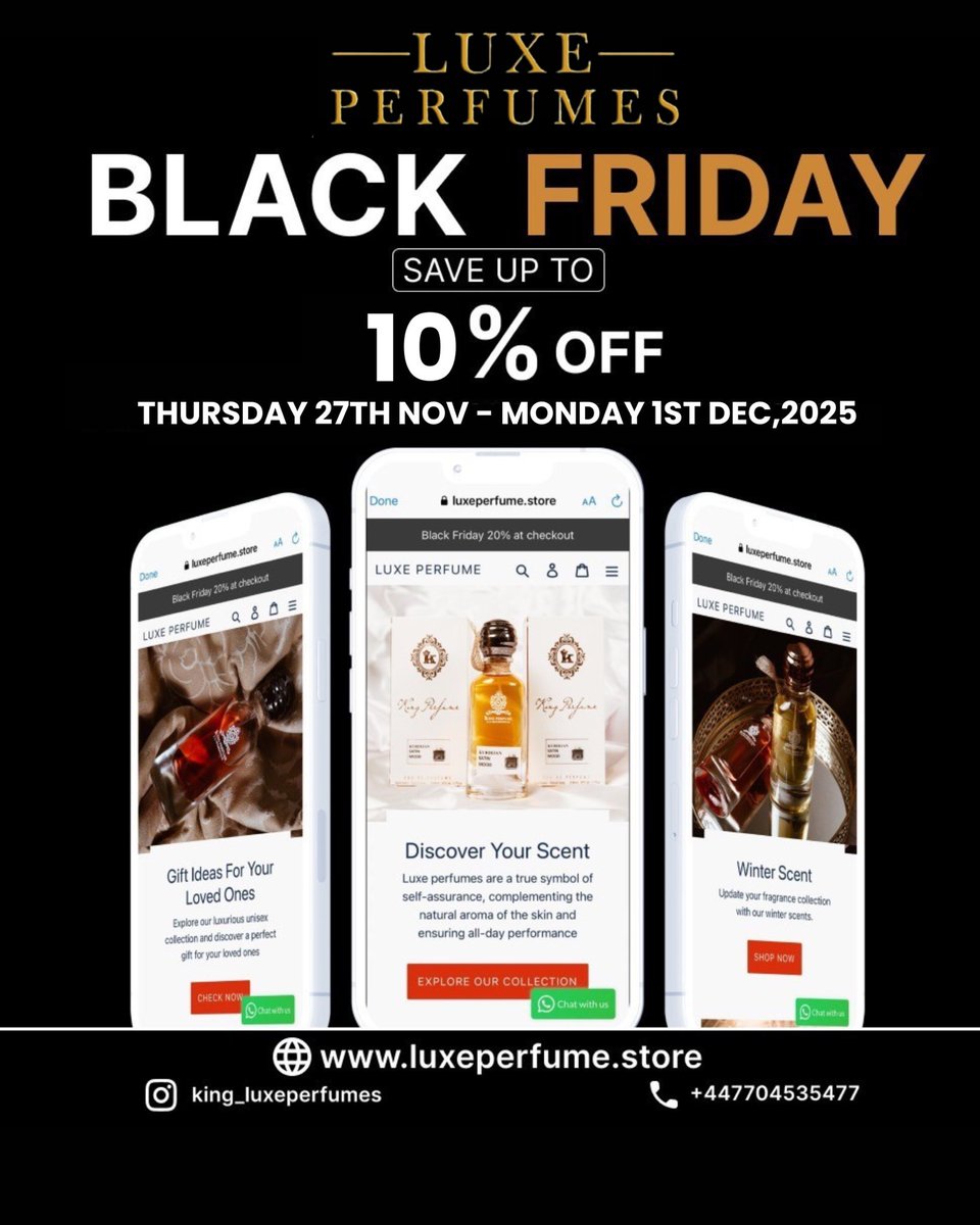 dhaarmy_caddy's tweet image. **✨ 10% OFF EVERYTHING – Black Friday Deal! ✨**  
Treat yourself to **luxury, long-lasting oil-based perfumes** at a discounted price! ❤️🌹This offer  is only valid for a few days so don’t miss out!  
🛒 *Shop now:* [luxeperfume.store]
📢 **Tag &amp;amp; repost** to share. Thanks