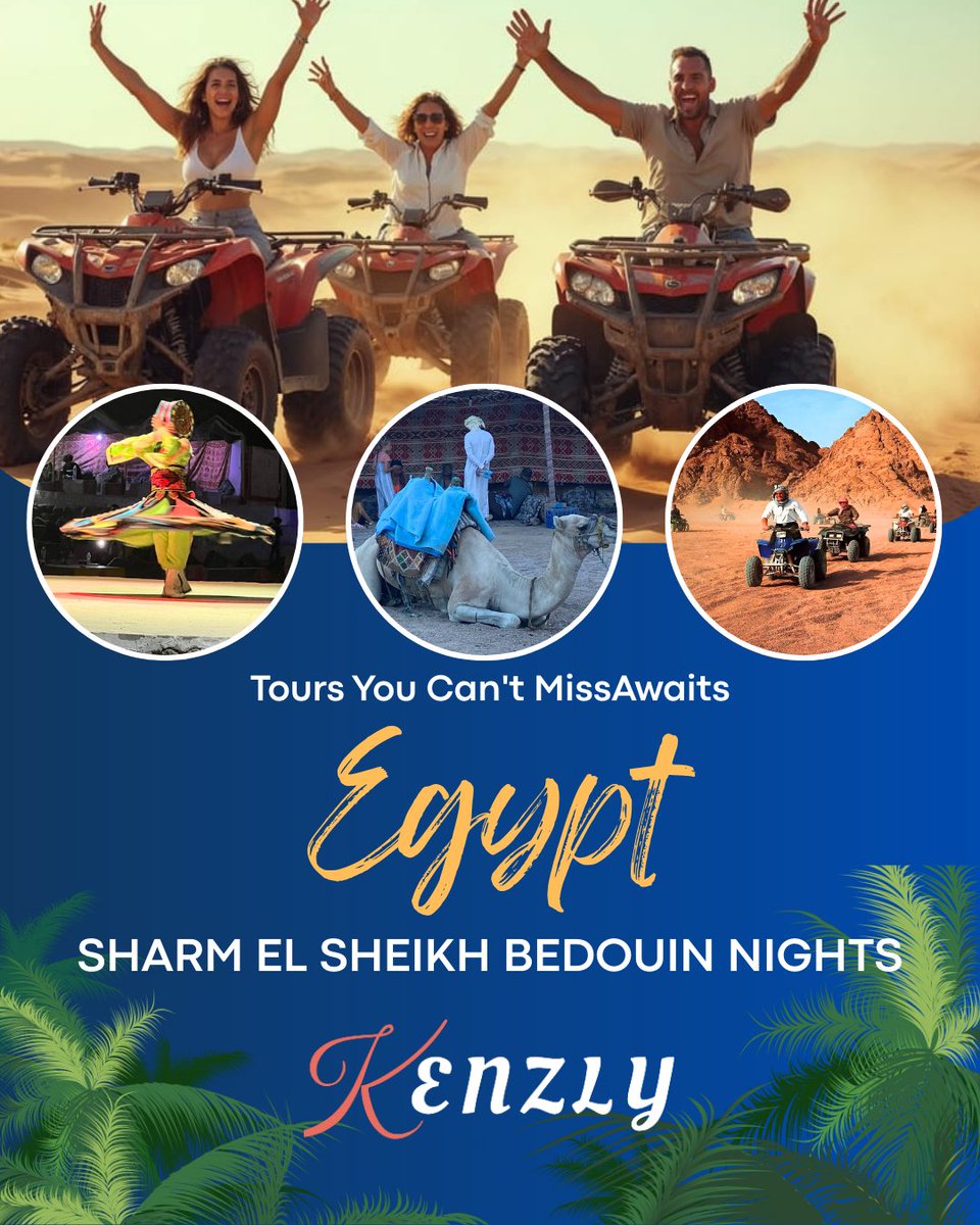 Kenzlyeu's tweet photo. ❤️ Sharm El Sheikh Bedouin Nights ❤️
👍Follow us for the best Tours & Activities👍
Get ready for an unforgettable evening! Combine high-octane adventure with culture on our Sharm El Sheikh Safari & Dinner.

#Egypt #sharmelsheikh #quadbike #DesertSafari #BedouinDinner #EgyptAdventures #nightout