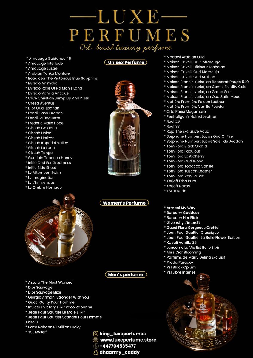 dhaarmy_caddy's tweet image. Black Friday Deal!! 

Check out our updated list of oil-based luxury perfumes.

🛒 Shop now:

Send a direct message 📥

[luxeperfume.store]

📢 Tag &amp;amp; repost to share!

Smell expensive for less – you can thank us later 😉💖 #LuxuryScents #SmellIrresistible