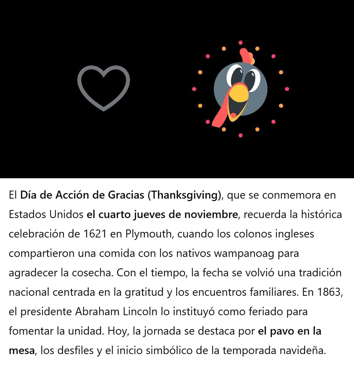 "Thanksgiving":
Por la celebración del Día de Acción de Gracias en Estados Unidos