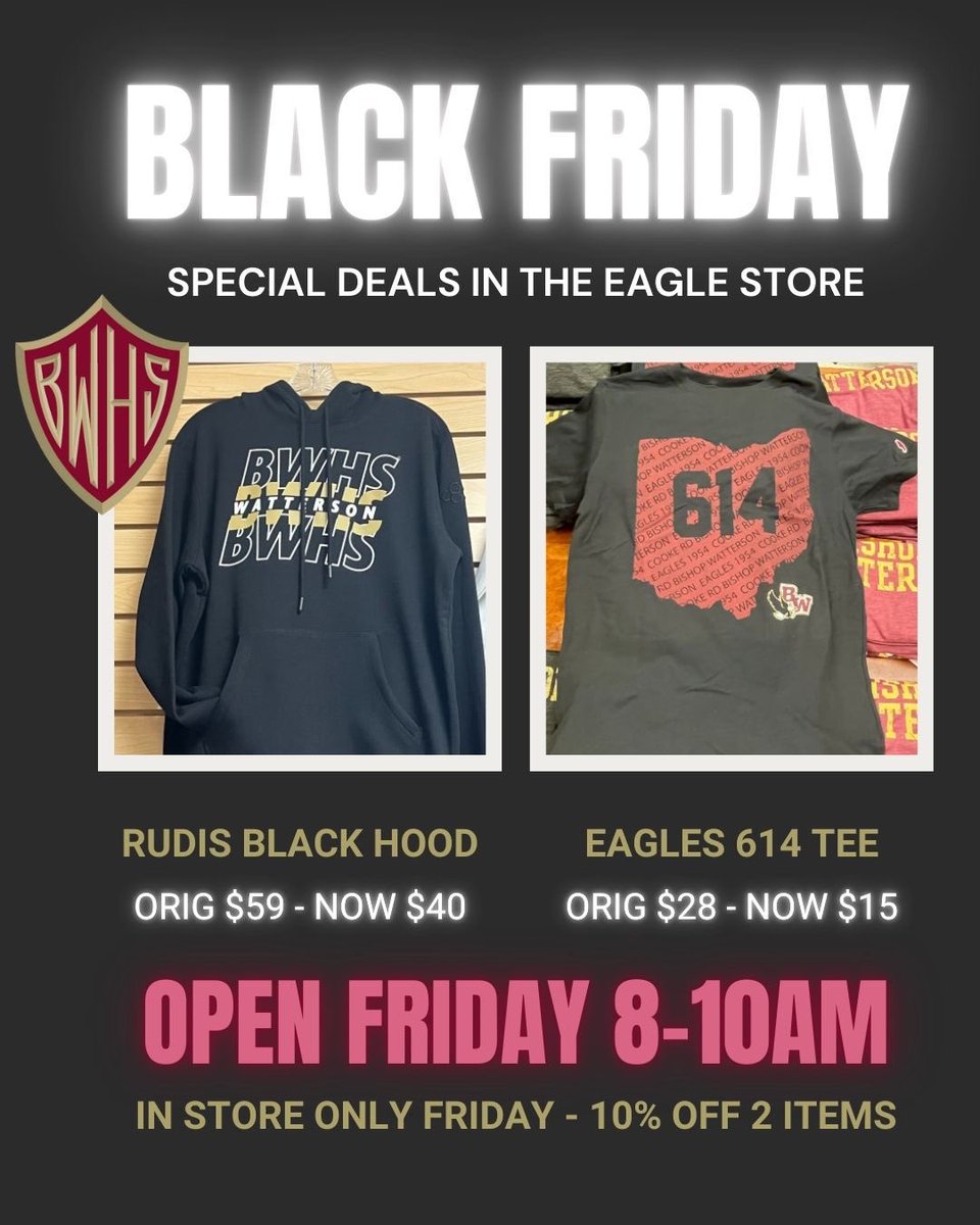 The Eagle Store will be open tomorrow, Black Friday, from 8-10am for all of your game day or Christmas needs. Enter at DH. Go Eagles! 
<a href="/BishopWatterson/">Bishop Watterson HS</a> <a href="/BishopWatterson/">Bishop Watterson HS</a>