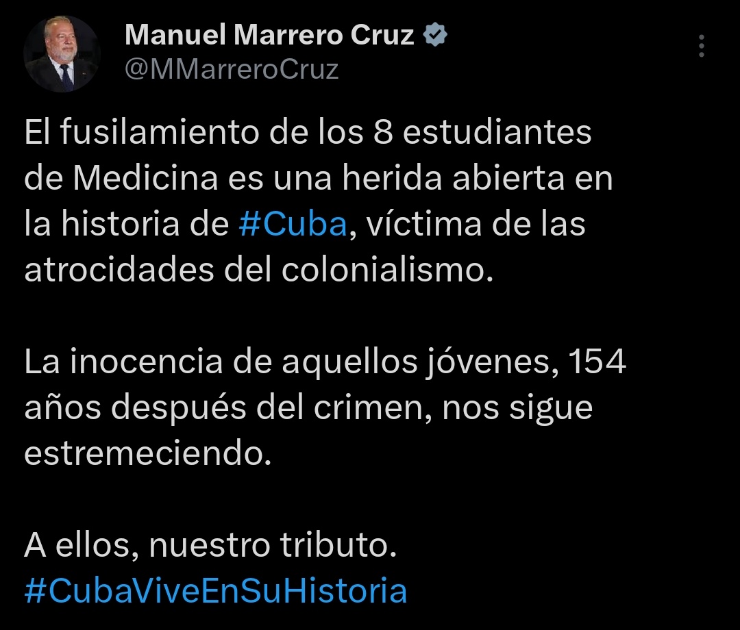 RP_OndaAlegria's tweet image. ⭐️🇨🇺| Porque #TenemosMemoria cada 27 de noviembre recordamos el vil asesinato de ocho estudiantes cubanos de Medicina, por el ejército colonial español.

📲 En sus cuentas de X líderes de la Isla dejaron sus mensajes de recordación y tributo.

#RadioProgreso