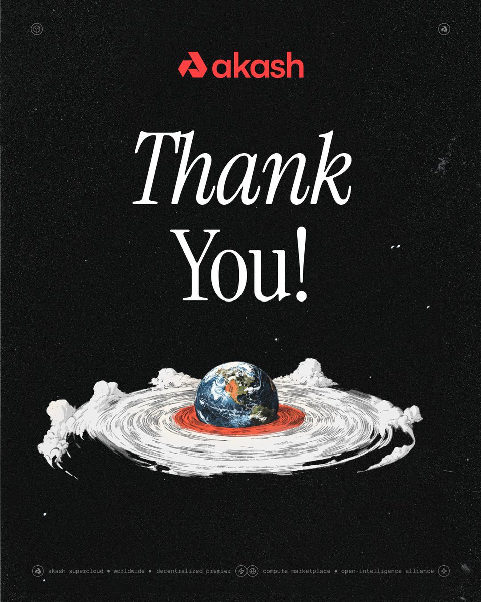 akashnet's tweet image. Massive thanks to forces behind Akash:

→ Our community for supporting and building with us from day one
→ Our providers for making GPU compute accessible for all
→ The devs for shipping every day to make decentralized compute the new standard for the global economy

Happy…