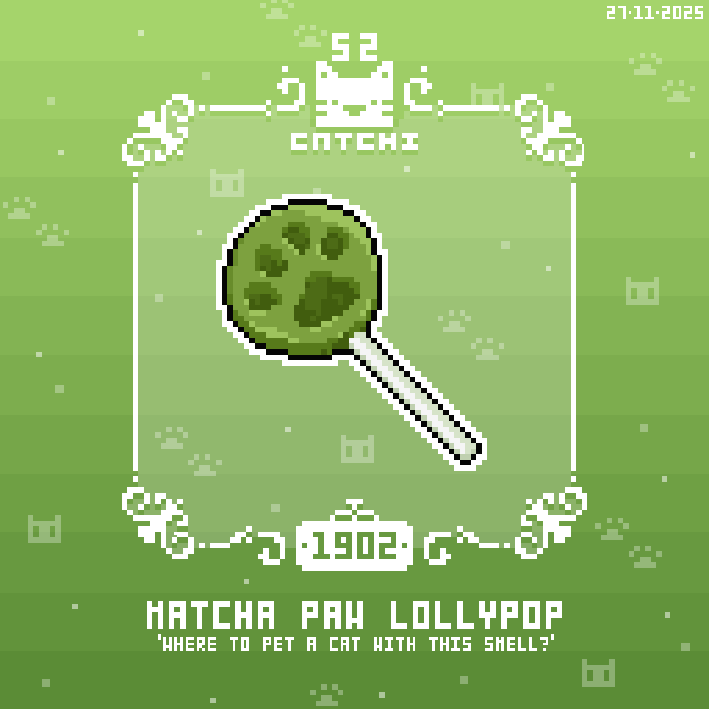 Catchi_52's tweet image. ＜抹茶貓掌棒棒糖＞
「哪裡可以吸這個味道的貓貓？」

-27/11/2025 [像素日更 Daily pixel 1902] #像素 #美食 #pixels #pixelart #food #drawing #tasty #illustration #art