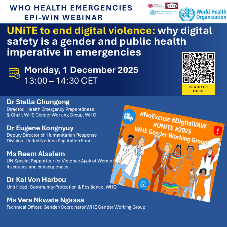 🔔 Join the next <a href="/WHO/">World Health Organization (WHO)</a> EPI-WIN webinar on 1 Dec 2025, 13:00 CET as we #UNiTE to end #DigitalViolence.

Digital attacks on women—doxxing, deepfakes, harassment—are rising in emergencies, undermining staff safety, access to services, RCCE, MHPSS and public trust. This webinar asks: