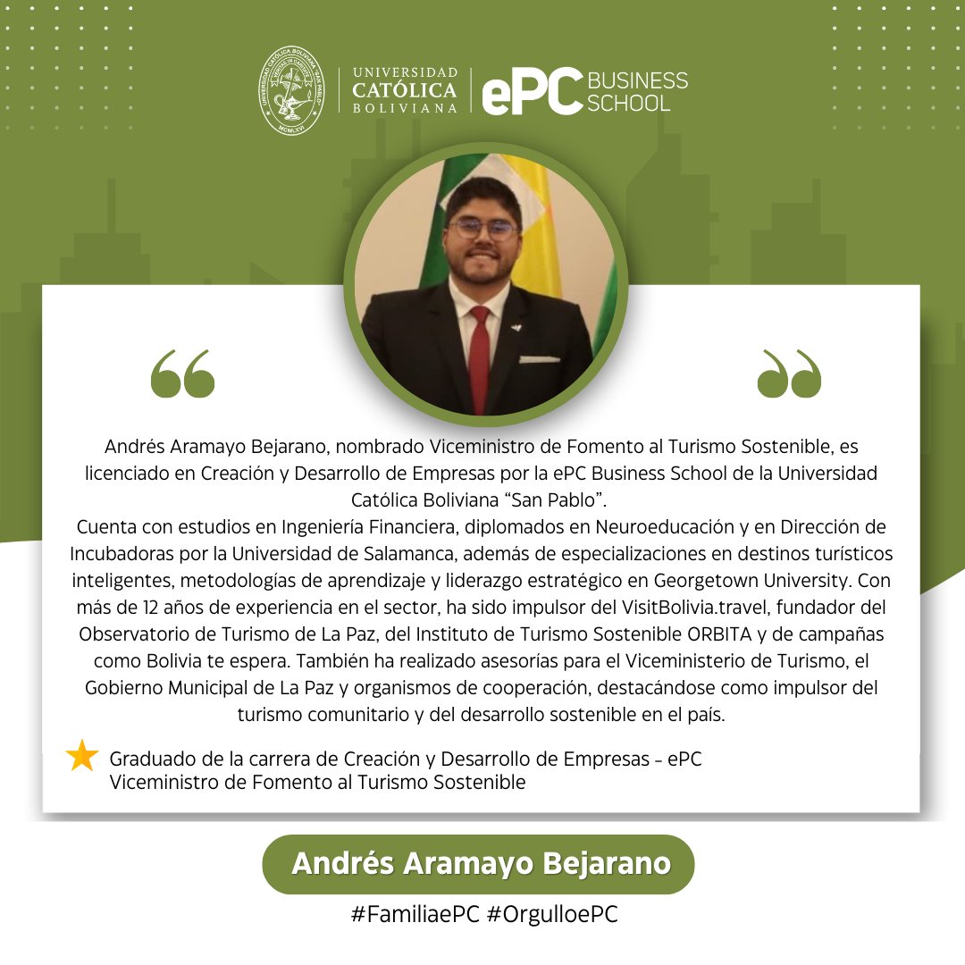 ePC_UCB's tweet image. 🎓✨ ¡Felicidades, Andrés!
En la ePC Business School celebramos con enorme satisfacción el nombramiento de Andrés Aramayo Bejarano como Viceministro de Fomento al Turismo Sostenible.

#OrgulloEPC #UCB #ePC #TurismoSostenible #Liderazgo #FormamosLíderes