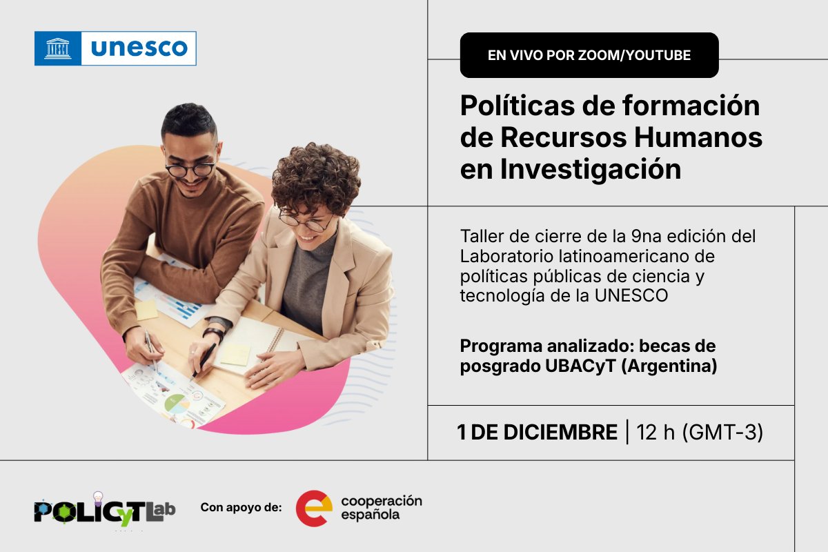 ForoCILAC's tweet image. 🗓 1 DE DICIEMBRE – 12 h GMT-3
Referentes de la región compartirán análisis y aprendizajes comparados sobre becas de posgrado y formación de investigadores, en marco del #PoliCyTLab. 

Registro Zoom: unesco-org.zoom.us/webinar/regist… 

En vivo por YouTube: youtube.com/watch?v=DRltG7…