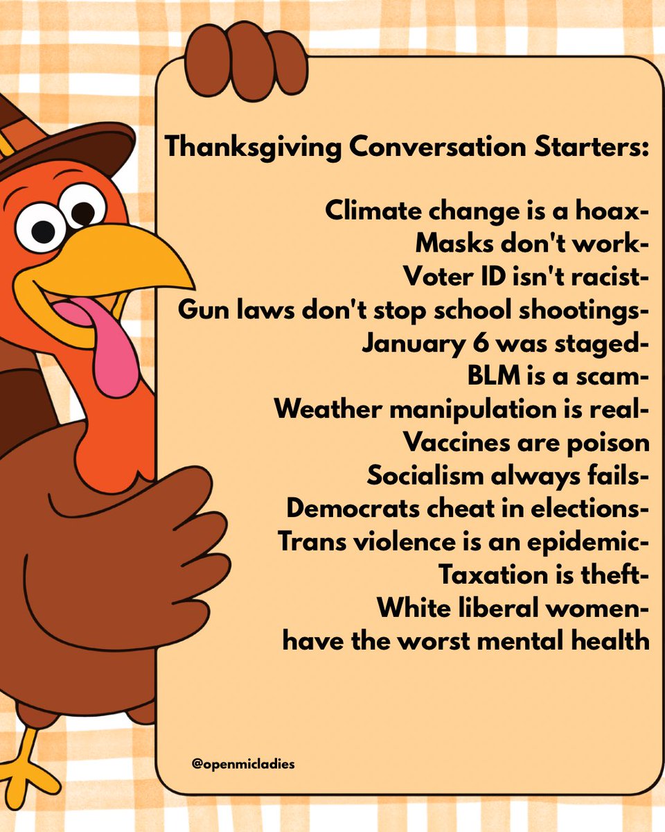 openmicladies's tweet image. HAPPY THANKSGIVING 🦃 
If you read this list out loud, you deserve the biggest slice of pie. 🥧😂
More laughs + chaos ➜ OpenMicLadies.com

#Thanksgiving2025 #ThanksgivingHumor #PoliticalHumor #OpenMicLadies #ConservativeComedy #HolidayChaos #FamilyDinnerVibes…
