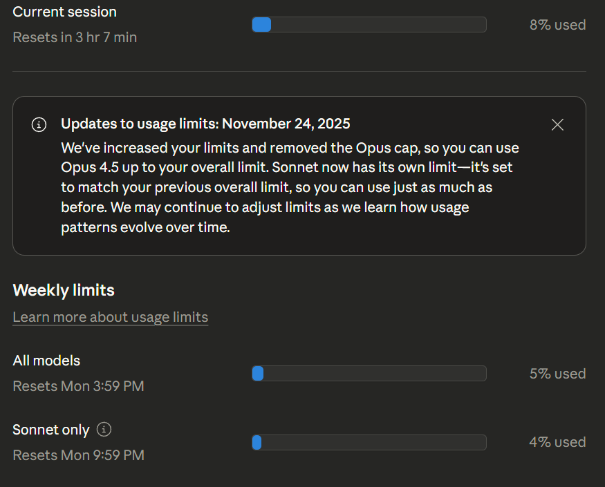 donaldfountain's tweet image. Anthropic removed the Claude Opus 4.5 separate limit - now it just counts against your overall usage cap.
Sonnet gets its own bucket matching the old overall limit.
Nice quality-of-life update for heavy Opus users.
#Claude #ClaudeCode