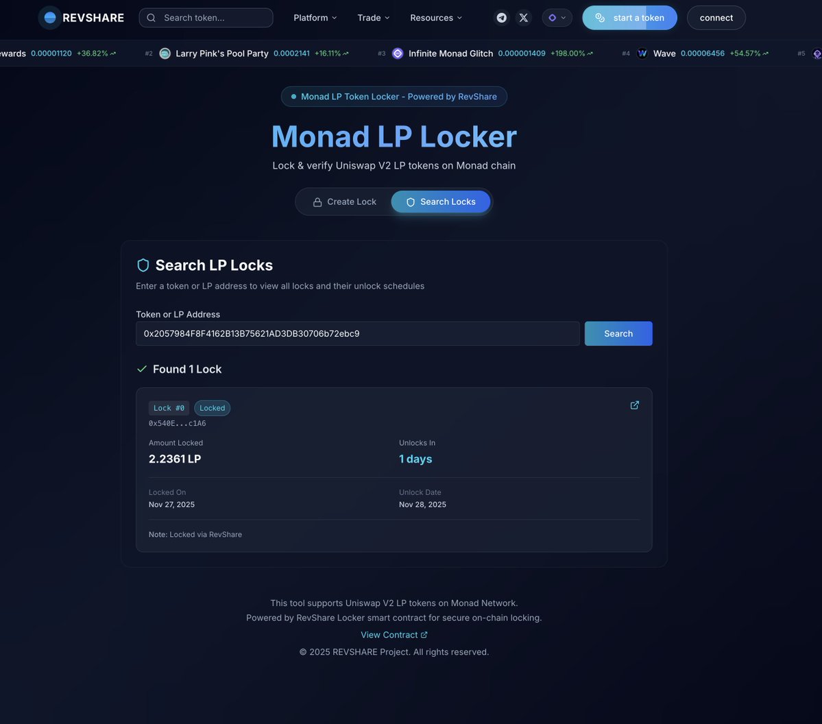 revshare_app's tweet image. We just dropped the first ever Monad LP token locker.
You can now lock your LP tokens for free on RevShare: revshare.dev/lock-liquidity

Set custom lock periods, and share it with your community.