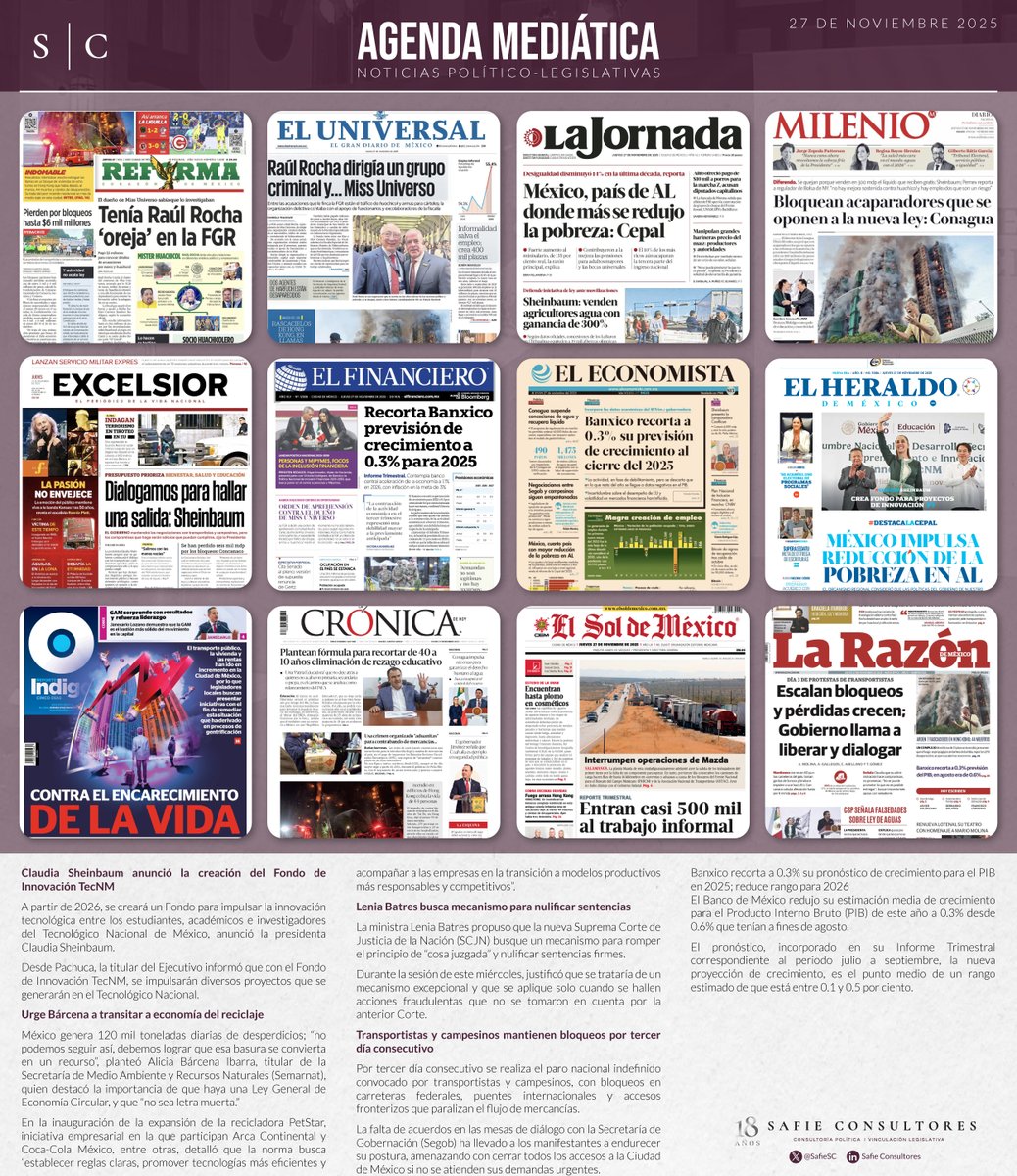 📰#SafieConsultores te presenta el análisis de la agenda mediática de hoy. Descubre las tendencias y temas clave que están marcando la conversación nacional. #PrimerasPlanas #politicanacional

💻mailchi.mp/safieconsultor…