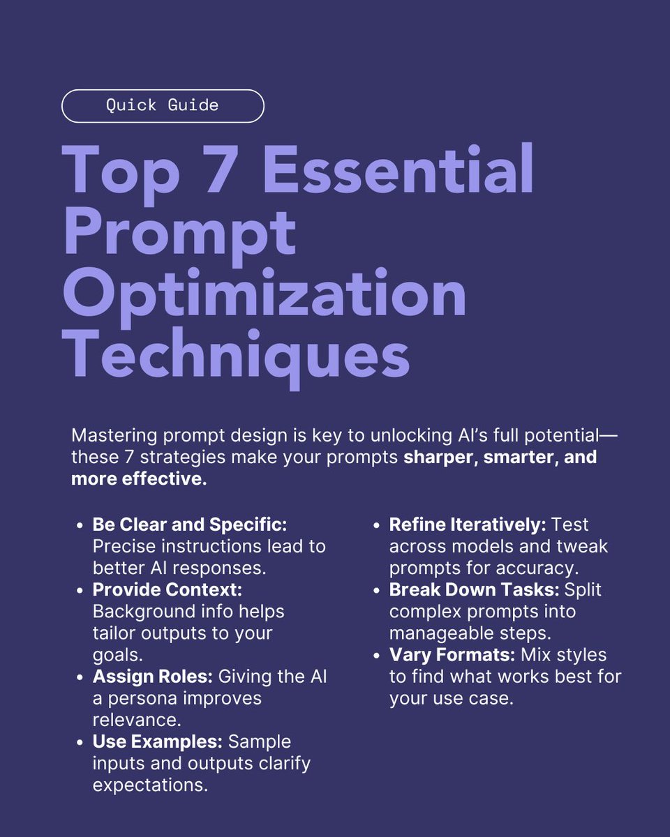 Promptitude_io's tweet image. Mastering AI prompts isn’t magic—it’s method. It’s not just what you ask. It’s how you ask.
✅ Be specific
✅ Give context
✅ Set clear outputs
✅ Iterate &amp;amp; refine
Smart prompt management = consistency, scalability &amp;amp; security.
#AI #PromptEngineering
&amp;gt;&amp;gt; promptitude.io/post/quick-gui…