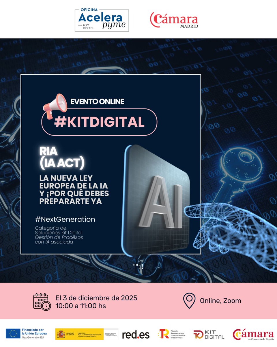 La regulación europea de la #IA entra en una nueva fase con el #AIAct. 

Este martes, nuestro IP&amp;IT Partner <a href="/Moratojos/">José Morato</a> lo explicará en <a href="/CamaradeMadrid/">Cámara de Madrid</a>: 
riesgos, obligaciones y buenas prácticas.

🗓️ 3 dic · 10:00–11:00
➡️ Inscripción: camaramadrid.es/evento/11210