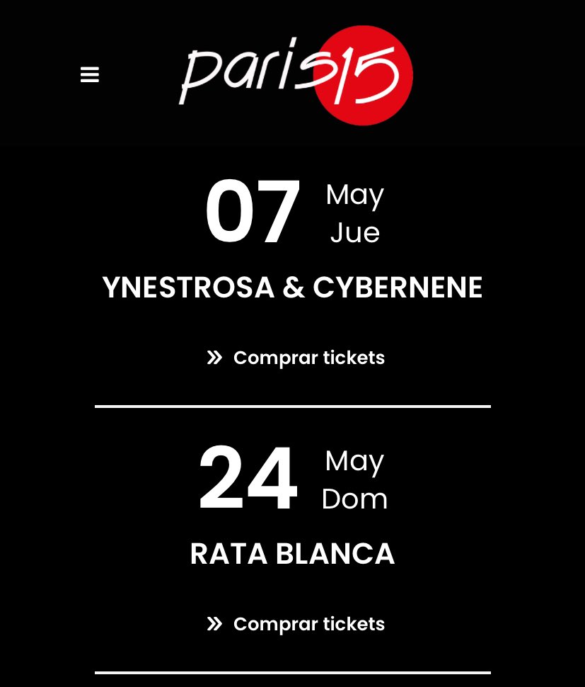 ❌ Ni rastro de la programación de sus fechas en La Sala Fever (10 de abril): salta del 27/3 al 17/4, cuando actúa Fernando Costa.

❌ Tampoco en la París 15 de Málaga (15 de mayo), que salta del 7 al 30 de mayo. 

Y no es de ahora. Desde que anunciaron la gira, nunca aparecieron